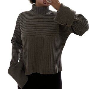 Gray Turtleneck Ribbed Bell Sleeve Sweater  - OS